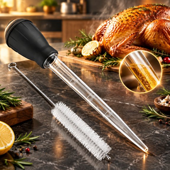 Turkey Baster for Hot Liquids with 304 Stainless Steel Cleaning Brush, 11.42 inch Food Grade Baster with Measurement Markings for Turkey Roasting Cooking Meat Basting Kitchen Tool