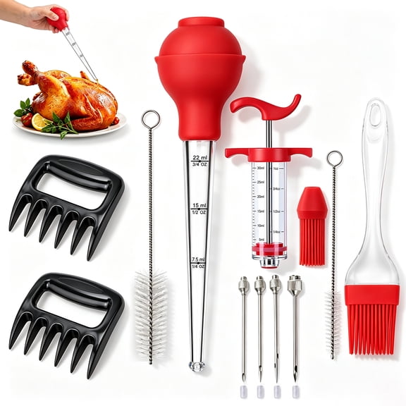 Turkey Baster Kit, Meat Injector Syringe with Basting Brush and Meat Claws for Turkey, Chicken and BBQ