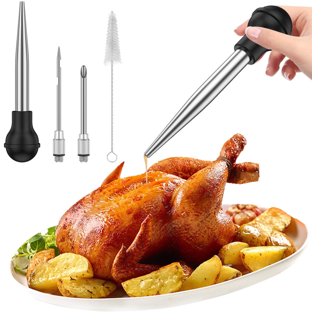 Turkey Baster Set of 4 Stainless Steel Turkey Baster Syringe Meat Marinade Injector Needle with