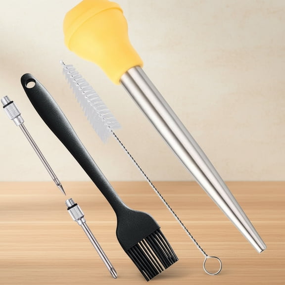 Turkey Baster Set 5, 18/8 Stainless Steel Turkey Baster Syringe for Cooking Meat Injector Baster Set & 2 Needles & 2 Cleaning Basting Brush, Baster for Flavor Meat Poultry, Beef & Chicken Ect Yellow