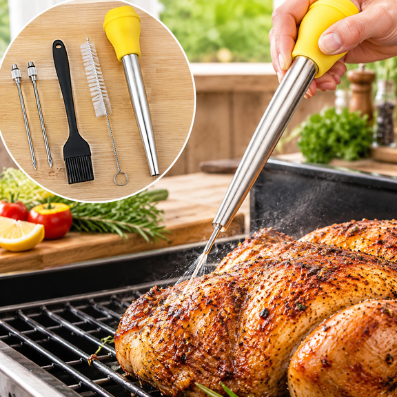 Turkey Baster Set 5, 18/8 Stainless Steel Turkey Baster Syringe for Cooking Meat Injector Baster Set & 2 Needles & 2 Cleaning Basting Brush, Baster for Flavor Meat Poultry, Beef & Chicken Ect Yellow
