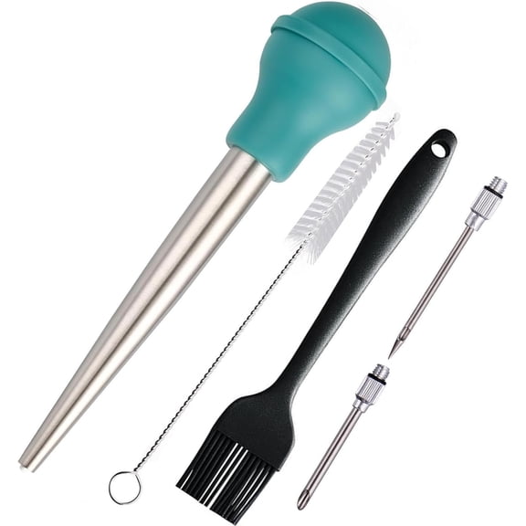 Turkey Baster Set of 5, Turkey Baster Syringe for Cooking, Meat Injector Baster &2 Needles&2 Cleaning Basting Brush, 18/8 Stainless Steel Baster for Flavor Meat Poultry, Beef&Chicken Teal