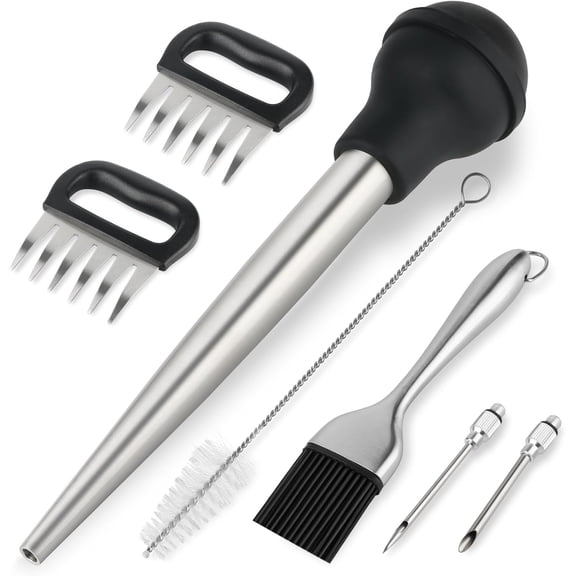 Turkey Baster Set Includes Baster for Cooking, Barbecue Basting Brush,2 Meat Shredder Claws 2 Flavor Injector with Cleaning Brush for Home Baking Kitchen Tool,Ideal Holiday Gift Great