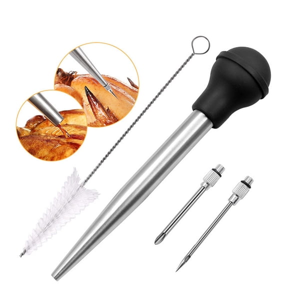 Turkey Baster Set Stainless Steel Injector Needle Cleaning Brush Silicone Bulb Pump for Roasting Poultry Beef Marinade Flavor Infuser Kitchen Tool，Black