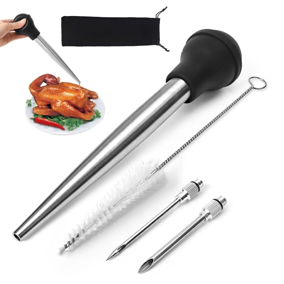 Turkey Baster Stainless Steel Set with Detachable Injector Needle & Cleaning Brush, Meat Injector Syringe for BBQ, Thanksgiving Cooking