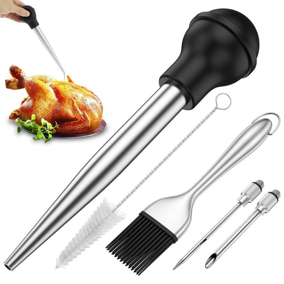 Turkey Baster Stainless Steel Turkey Baster Syringe Bulb Detachable Turkey Baster Injector Set Reusable Meat Injector Set with Basting Brush Cleaning Brush 2 Needles for Cooking BBQ Grill Baking