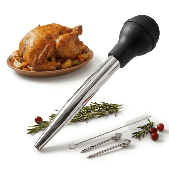 Stainless Steel Turkey Baster, Baster Syringe with Injector Bulb and Brush for Roasting Turkey and Chicken, Meat Injector Tool for Cooking, 1 Set