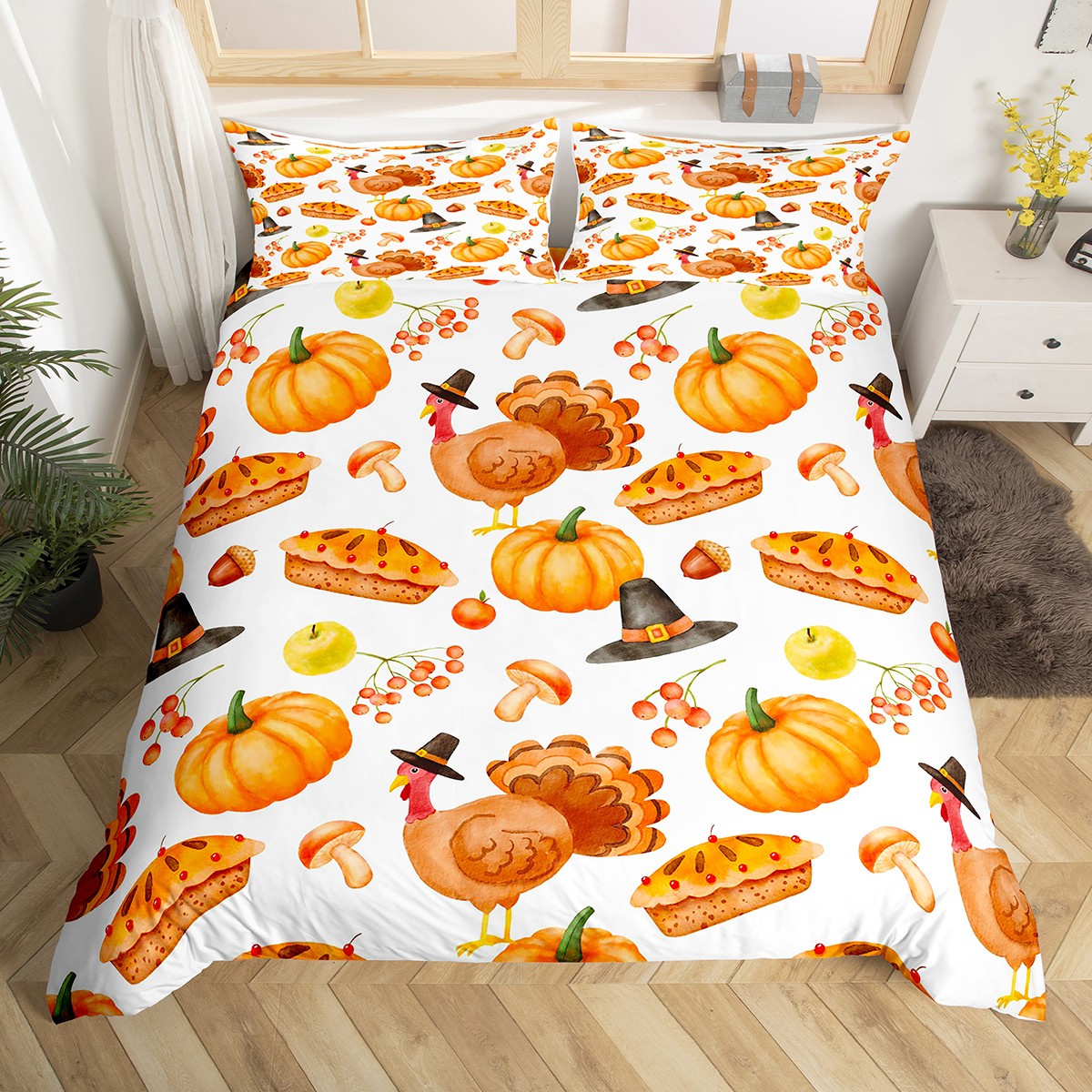 Turkey Bedding Set,Cute Mushroom Duvet Cover King,Thanksgiving Pumpkin