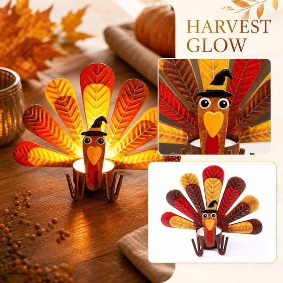 Turkey Candle Holder for Thanksgiving, Metal Tea Light Centerpiece with Colorful Feathers, Festive Home Decor for Dining Table Mantel