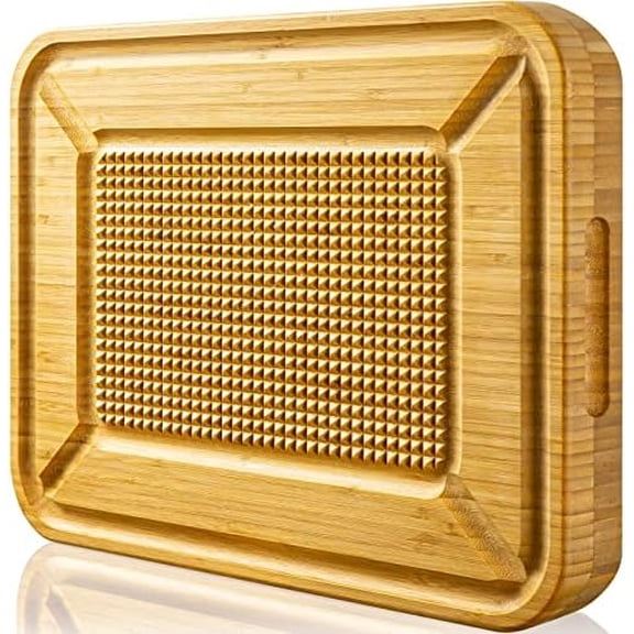 Turkey Carving Board, Heavy Duty Meat Cutting Board for Thanksgiving Bamboo Wood Butcher Block Brisket Cutting Boards with Juice Groove, Pyramid Spikes Stabilizes Steak or Turkey While Carving