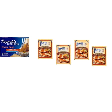 Turkey Combo Pack - Pioneer Roasted Turkey Gravy Mix (Pack of 4) & Reynolds Kitchens Turkey Sized Oven Bags (1 box, 2 bags)