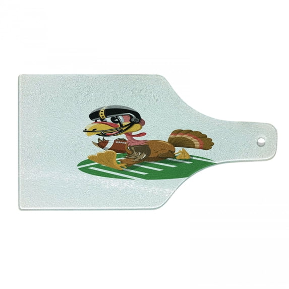 Turkey Cutting Board, American Football Playing Funny Bird and Thanksgiving Day Celebrations Theme Pigskin, Tempered Glass Cutting and Serving Board, Wine Bottle Shape, Multicolor, by Ambesonne