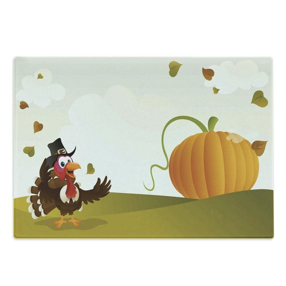 Turkey Cutting Board, Happy Pilgrim Poultry Animal with a Giant Pumpkin on Green Hills of the Farmland, Decorative Tempered Glass Cutting and Serving Board, Large Size, Multicolor, by Ambesonne