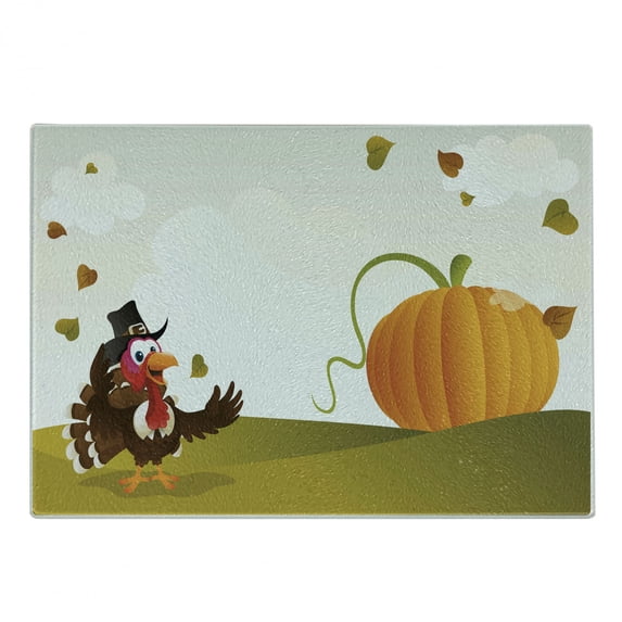 Turkey Cutting Board, Happy Pilgrim Poultry Animal with a Giant Pumpkin on Green Hills of the Farmland, Decorative Tempered Glass Cutting and Serving Board, Small Size, Multicolor, by Ambesonne