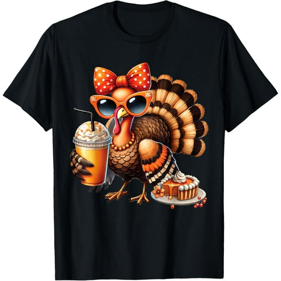 Turkey Drinking Coffee Bow Thanksgiving Womens Turkey Day T-ShirtMen's and women's short-sleeved pure cotton shirts