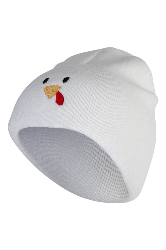 Turkey Face Embroidered 8 inch Acrylic Short Blank Beanie - White OSFM