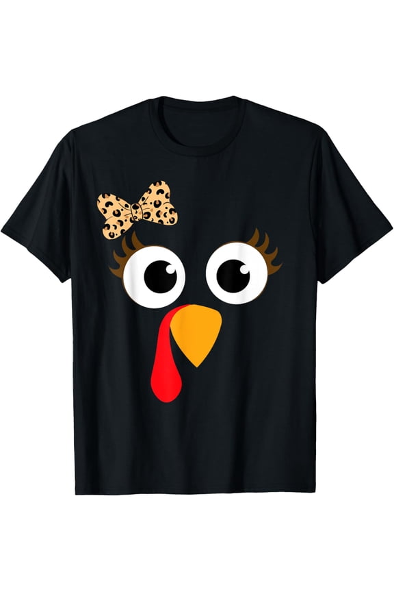 Turkey Face Girl Leopard Bow Thanksgiving Costume Turkey T-ShirtMen's and women's short-sleeved pure cotton shirts