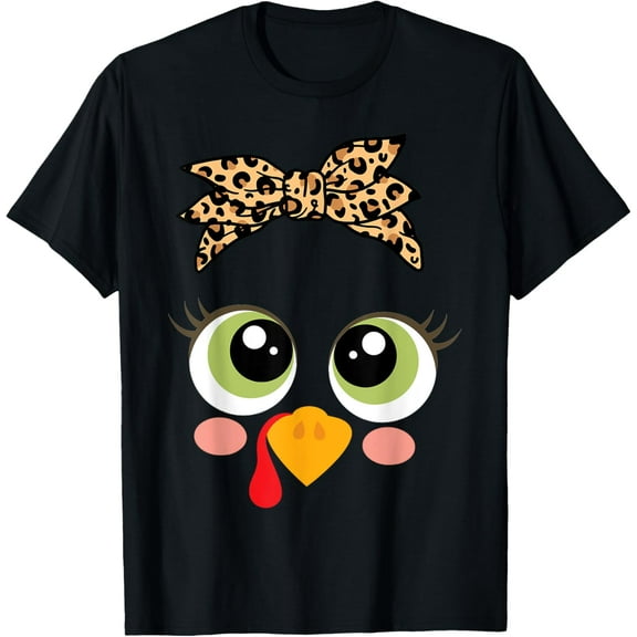 Turkey Face Girl Leopard Bow Thanksgiving Costume Turkey T-Shirt