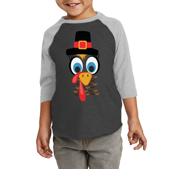 Turkey Face Graphic Toddler Raglan - Happy Thanksgiving Day Tshirt for Kids - Christian Shirt Thanksgiving Holiday