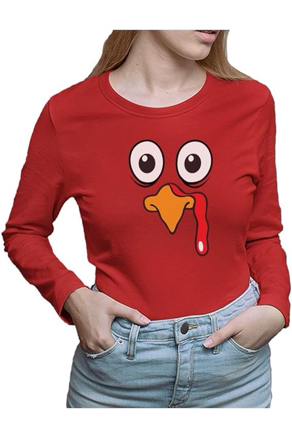 Turkey Face Shirt Long Sleeve Funny Thanksgiving Sweatshirt for Women XX-Large Red
