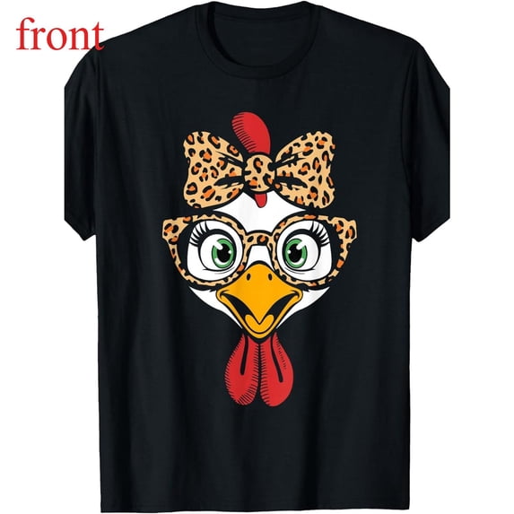 Turkey Face Tee Leopard Glasses Pink Bow Tie Graphic Animal Top Short Sleeve Round Neck Black S-5XL