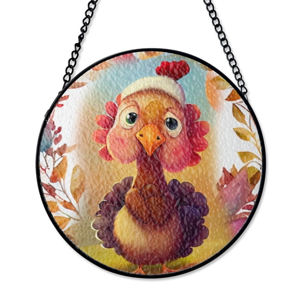 Turkey Fall Harvest Suncatcher Stained Glass Style UV Printed Glass Thanksgiving Kitchen Decor Round