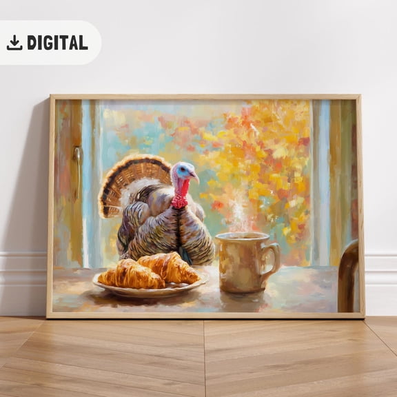 Turkey Farmhouse Art Poster, Autumn Cottagecore Wall Decor, Fall Croissant Coffee, Stretched Canvas Size 16x24