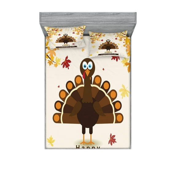 Turkey Fitted Sheet & Pillow Sham Set, Fall Season Illustration Holiday Theme Abstract Autumn Celebration, Decorative Printed 6 Piece Bedding Decor Set, King, Brown Orange Yellow, by Ambesonne