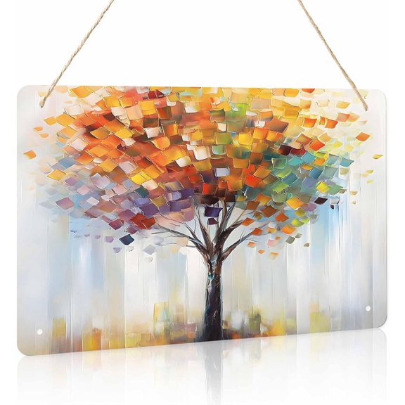 Abstract Art Tree Metal Tin Signs Vintage Wall Decor Funny Kitchen Sign Retro Room Decor Modern Fall Oil Painting Tree Autumn Horizontal Wall Art Poster for Home Bar Garage Dorm Office Cubicle 12"x8"