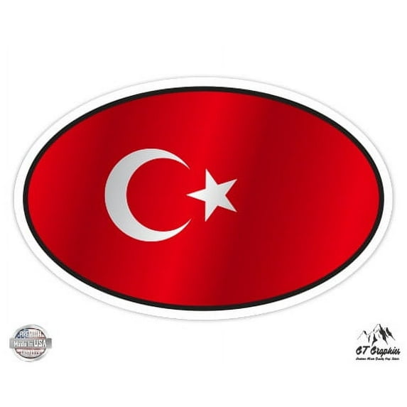 Turkey Flag Oval - 3" Vinyl Sticker - For Car Laptop I-Pad Phone Helmet Hard Hat - Waterproof Decal