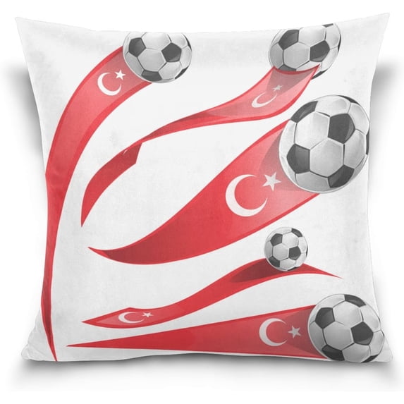 Turkey Flag with Soccer Ball Velvet Plush Throw Pillow Cushion Case Cover - 20" x 20" - Invisible Zipper Home Decor Floral for Couch Sofa No Pillow Insert