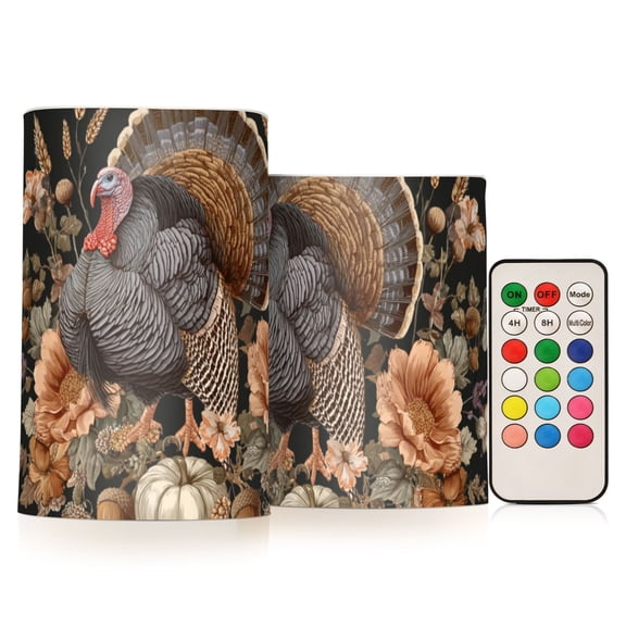 Turkey with Flower Pumpkin in Frame Thanksgiving Flickering Flameless Candles LED Tealight Battery Operated with Remote Set of 2 Holiday Decor Ornaments