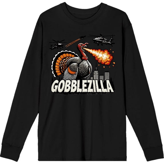 Turkey Gobblezilla Adult Black Crew Neck Long Sleeve Tee-Medium