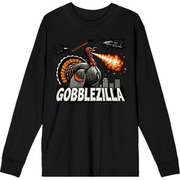 Turkey Gobblezilla Adult Black Crew Neck Long Sleeve Tee-XL