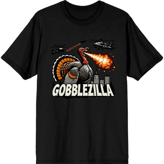 Turkey Gobblezilla Adult Black Crew Neck Short Sleeve Tee-Medium