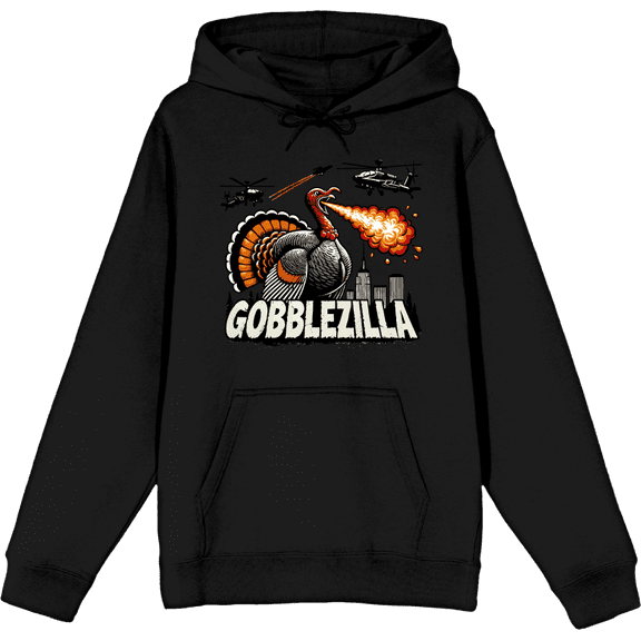 Turkey Gobblezilla Adult Black Long Sleeve Hoodie-Small