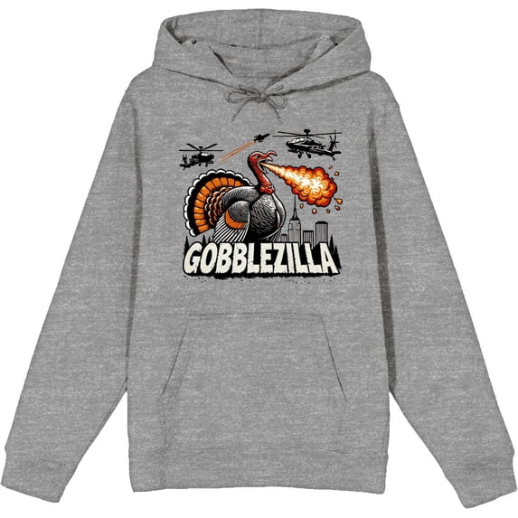 Turkey Gobblezilla Adult Heather Gray Long Sleeve Hoodie-Medium