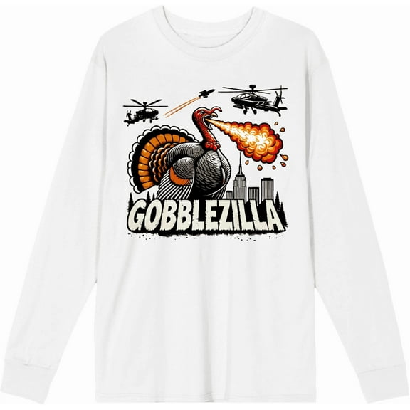 Turkey Gobblezilla Adult White Crew Neck Long Sleeve Tee-Medium