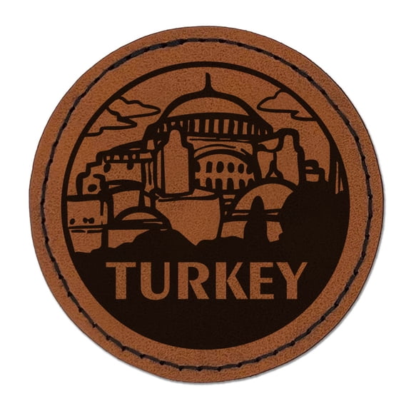 Turkey Hagia Sophia Country Destination Travel Landmark Round Iron-On Engraved Faux Leather Patch Applique - 2.5 Inch - Brown