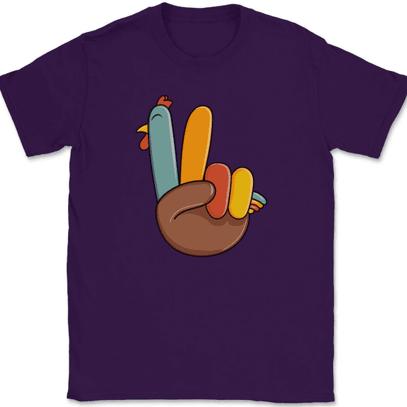 Turkey Hand Thanksgiving T-Shirt Funny Holiday Peace Humor Graphic Gift Tee - Purple, 2XL