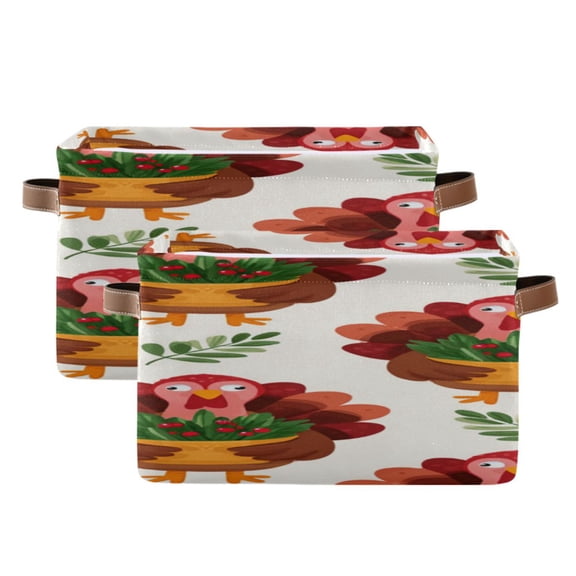 Turkey Hold Basket Leaves Thanksgiving Square Storage Bins with Handles Collapsible Containing Box 2 Packs