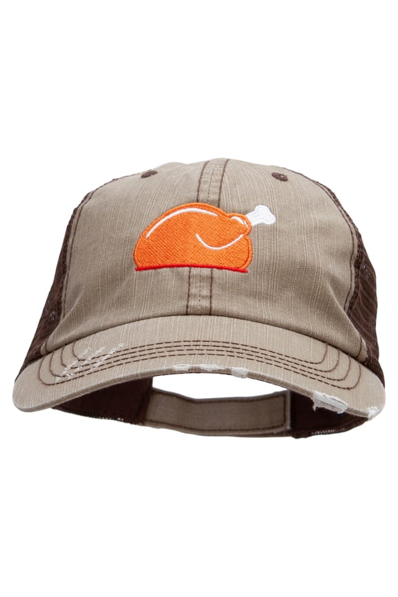 Turkey Is Served Embroidered Frayed Mesh Cap - Khaki Brown OSFM