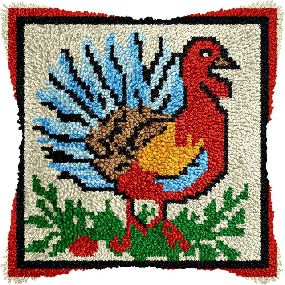 Turkey Latch Hook Pillow Kits for DIY Throw Pillow Cushion Embroidery Latch Hooking Pillowcase Kits with Preprinted Canvas Crochet Yarn Kits for Home Decor 17''X 17''(d15)