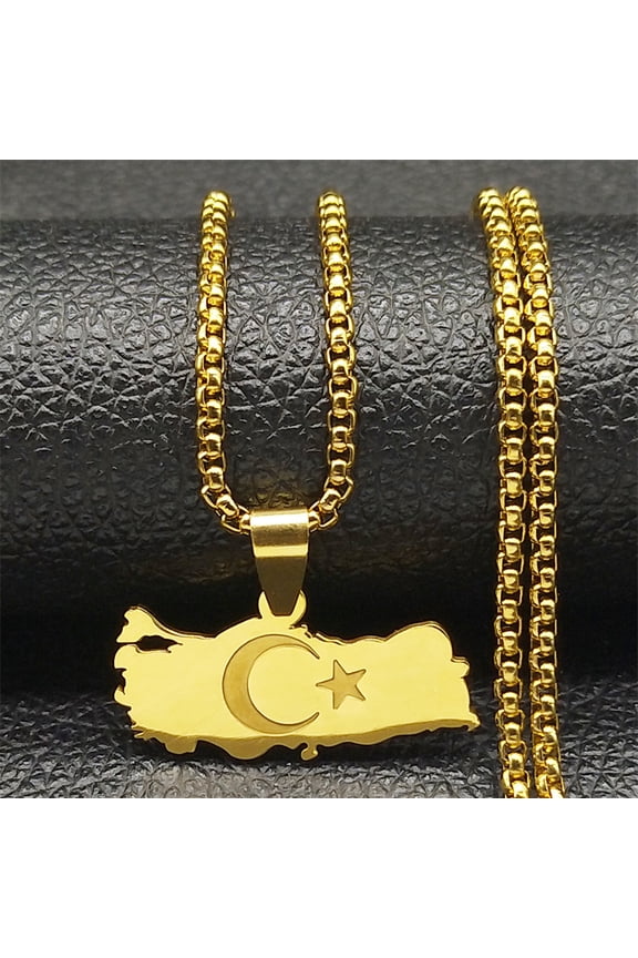 Turkey Map Flag Moon Star 14K Yellow Gold Necklace for Men Women Gold Silver Color Turkish Country National Geography Chain Jewelry