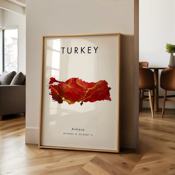 Turkey Map Printed Red And Gold Asia Wall Art Home Decor Geography Map Gift Wallpaper