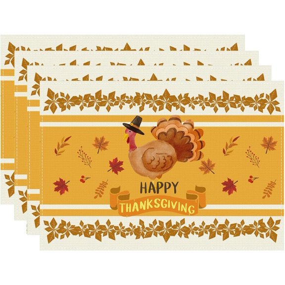 Turkey Maple Leaf Happy Thanksgiving Fall Cloth Placemats Set of 4 Table Mats Table Decorations 12x18 Inch