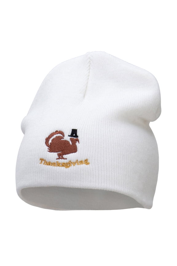 Turkey Pilgrim Embroidered Knitted Long Beanie - White OSFM