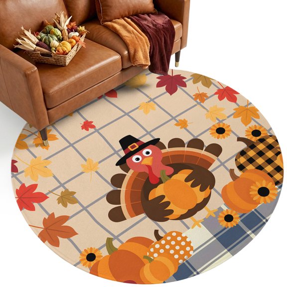 Turkey Pumpkin 7' Round Rugs for Living Room Conversation Area, Fall Thanksgiving Sunflower Washable Non Slip Large Circle Area Rug Under Dining Table