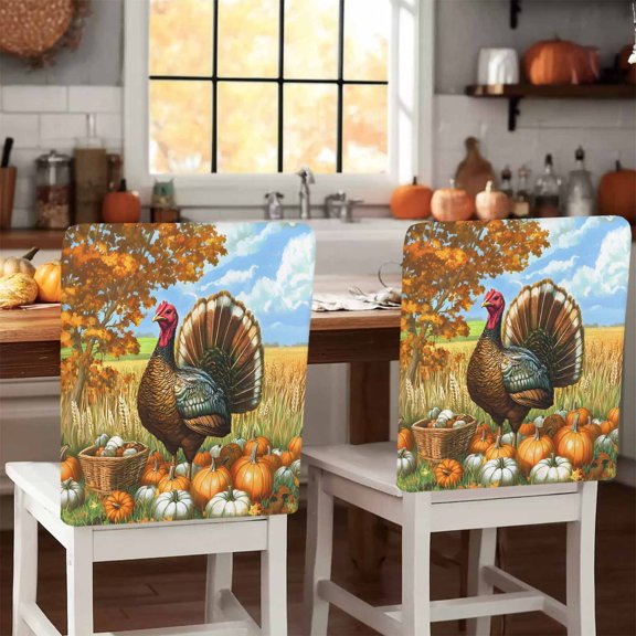 Turkey Pumpkin Chair Covers Set of 1 Fall Thanksgiving Chair Back Covers Stretch Removable Washable Slipcovers Protector for Dining Room Kitchen Party Decor