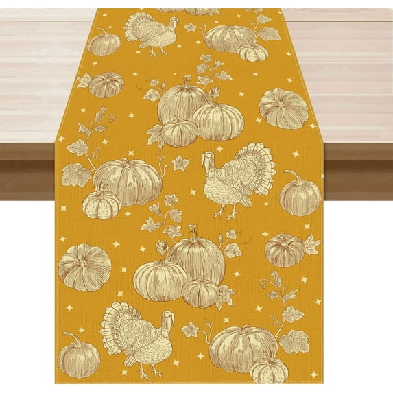 Turkey Pumpkin Thanksgiving Table Runner Cloth Burlap Fall Table Decoration for Home Kitchen Dining Dinner Indoor Holiday Farmhouse Decor 13.8x108 Inch